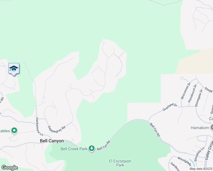 map of restaurants, bars, coffee shops, grocery stores, and more near 150 Dapplegray Road in Bell Canyon
