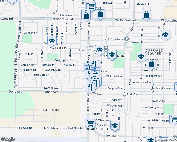 map of restaurants, bars, coffee shops, grocery stores, and more near North Ventura Road & Devonshire Drive in Oxnard