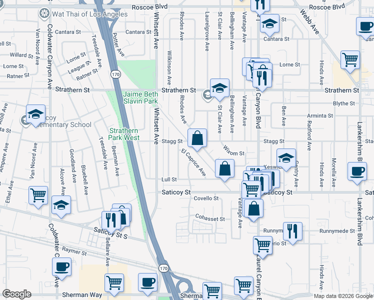map of restaurants, bars, coffee shops, grocery stores, and more near 7748 El Caprice Avenue in Los Angeles