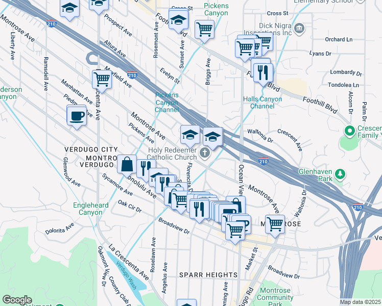 map of restaurants, bars, coffee shops, grocery stores, and more near 2453 Montrose Avenue in La Crescenta-Montrose