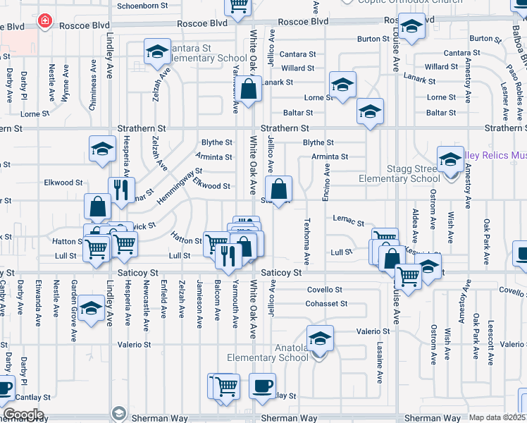 map of restaurants, bars, coffee shops, grocery stores, and more near 17650 Stagg Street in Los Angeles