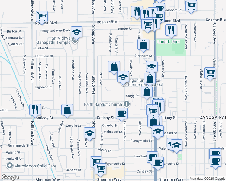 map of restaurants, bars, coffee shops, grocery stores, and more near 22250 Elkwood St in Canoga Park