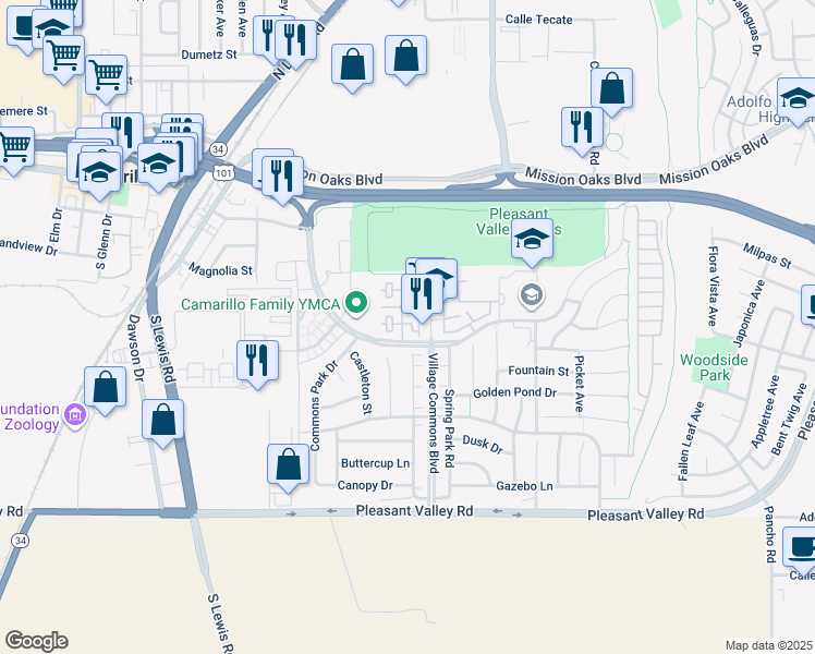 map of restaurants, bars, coffee shops, grocery stores, and more near 259 Riverdale Court in Camarillo