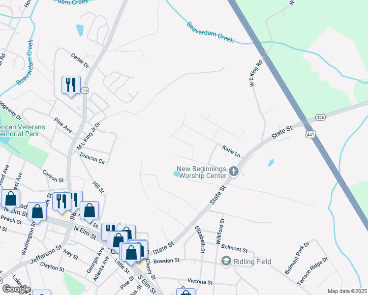 map of restaurants, bars, coffee shops, grocery stores, and more near 115 Heather in Commerce