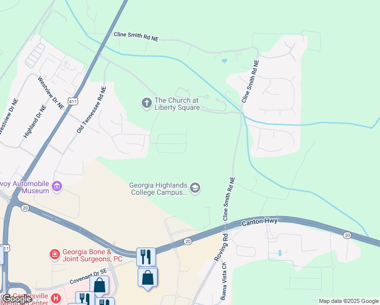 map of restaurants, bars, coffee shops, grocery stores, and more near 242 Eva Way in Cartersville