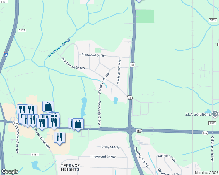 map of restaurants, bars, coffee shops, grocery stores, and more near 2119 Spring Drive Northwest in Cullman