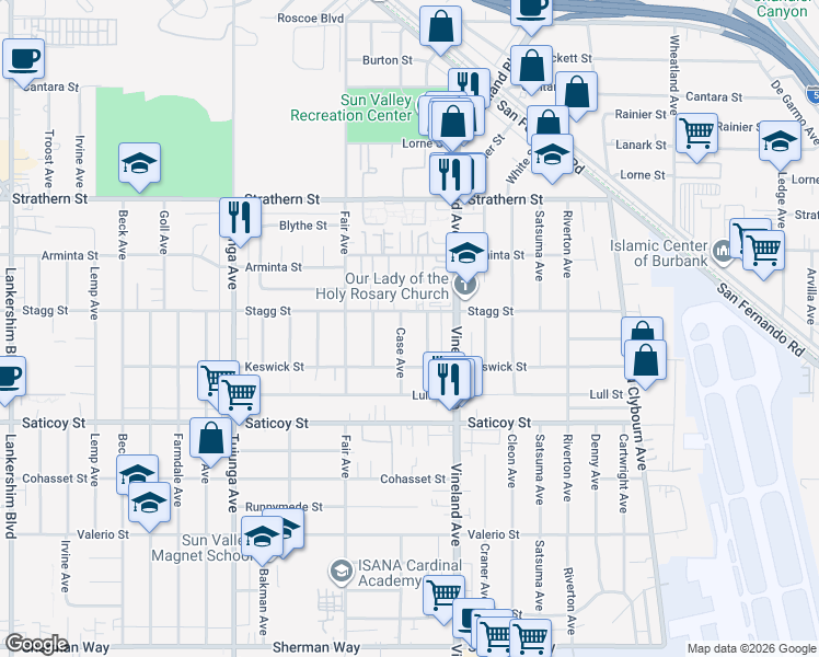 map of restaurants, bars, coffee shops, grocery stores, and more near 7740 Case Avenue in Los Angeles