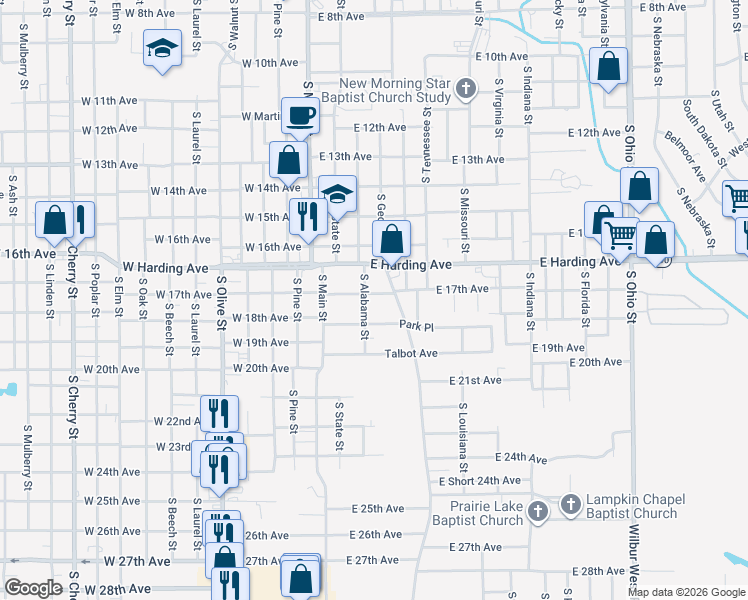 map of restaurants, bars, coffee shops, grocery stores, and more near 211 Rutherford Place in Pine Bluff