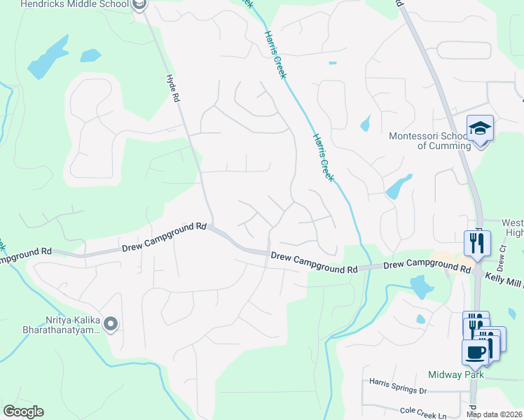 map of restaurants, bars, coffee shops, grocery stores, and more near 3850 Calomel Drive in Cumming