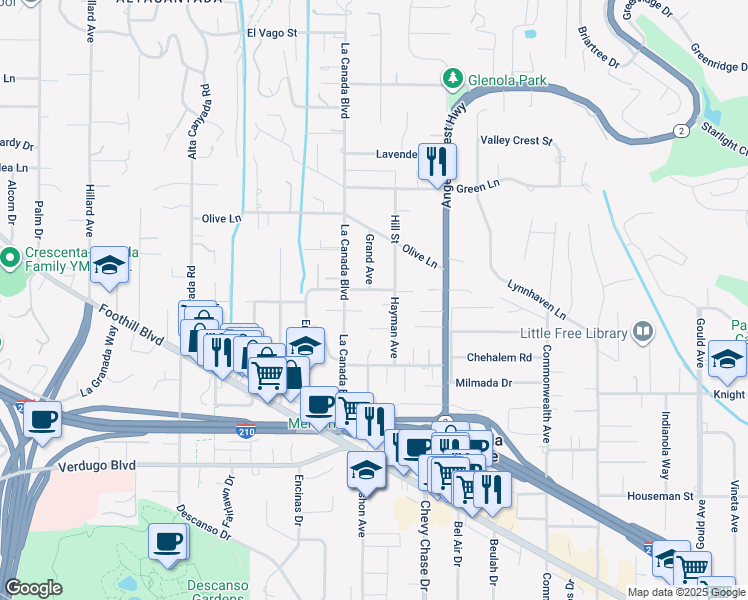 map of restaurants, bars, coffee shops, grocery stores, and more near 4800 Grand Avenue in La Cañada Flintridge