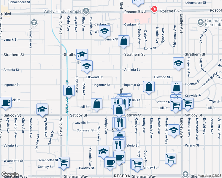 map of restaurants, bars, coffee shops, grocery stores, and more near 18540 Ingomar Street in Los Angeles