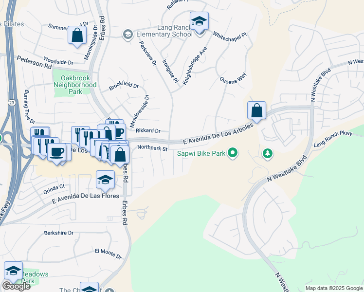 map of restaurants, bars, coffee shops, grocery stores, and more near 2371 Northpark Street in Thousand Oaks