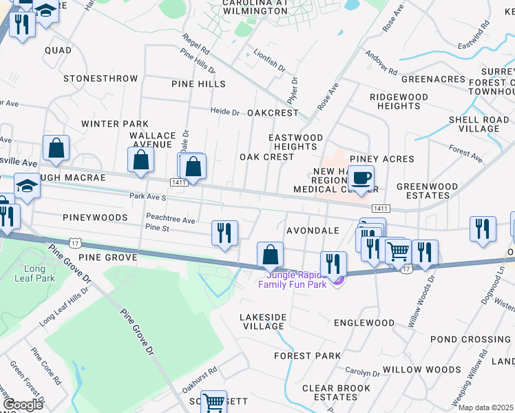 map of restaurants, bars, coffee shops, grocery stores, and more near River to the Sea Bikeway in Wilmington