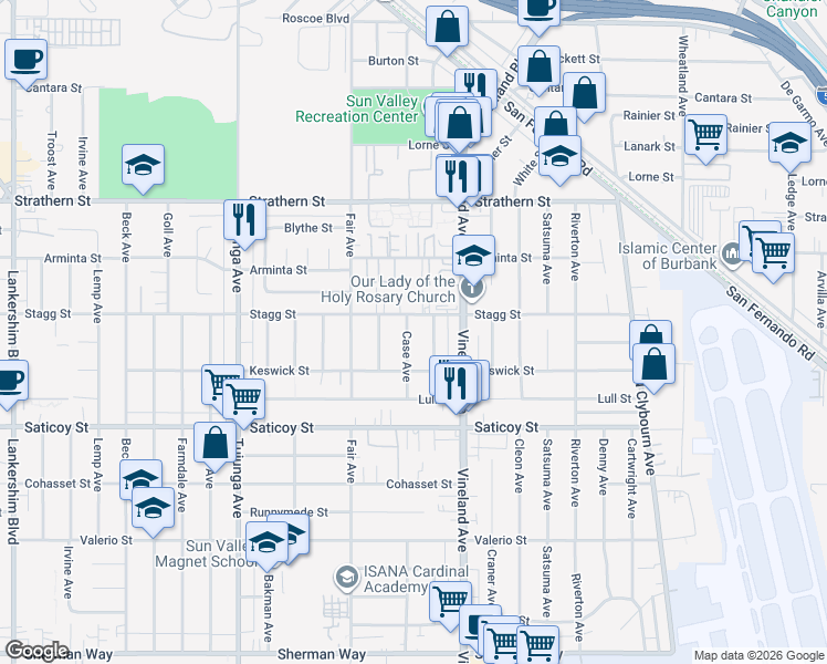 map of restaurants, bars, coffee shops, grocery stores, and more near 7740 Case Avenue in Los Angeles