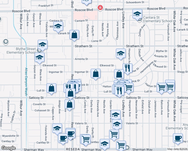 map of restaurants, bars, coffee shops, grocery stores, and more near 18320 Ingomar Street in Los Angeles