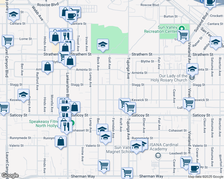 map of restaurants, bars, coffee shops, grocery stores, and more near 11470 Stagg Street in Los Angeles