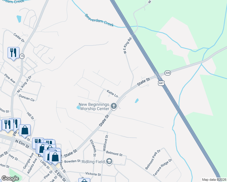 map of restaurants, bars, coffee shops, grocery stores, and more near 72 Katie Lane in Commerce