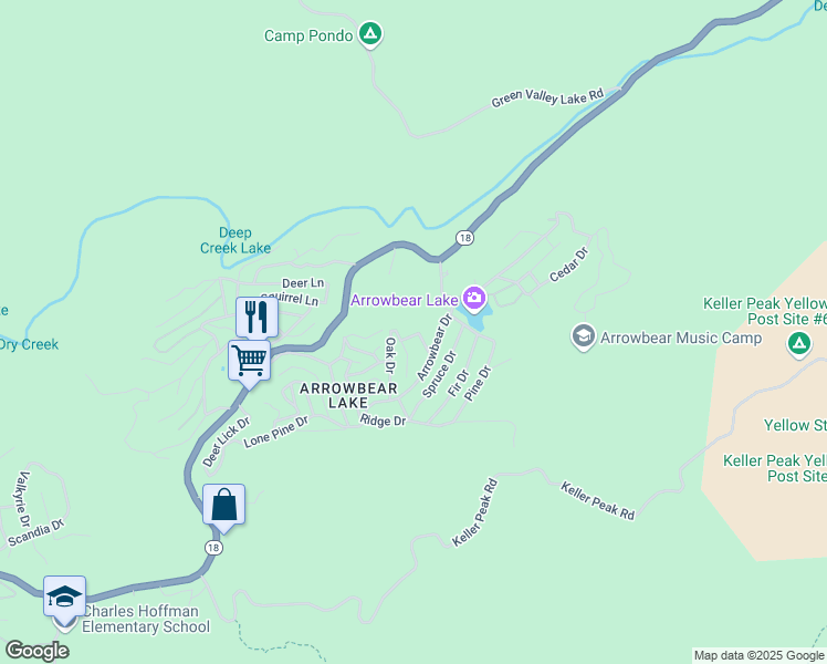 map of restaurants, bars, coffee shops, grocery stores, and more near Lookout Drive in Running Springs