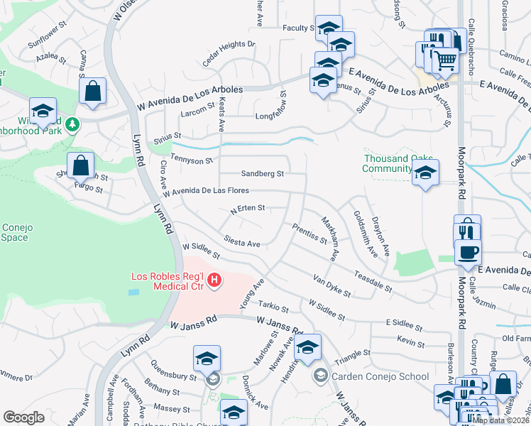map of restaurants, bars, coffee shops, grocery stores, and more near 136 Erten Street in Thousand Oaks