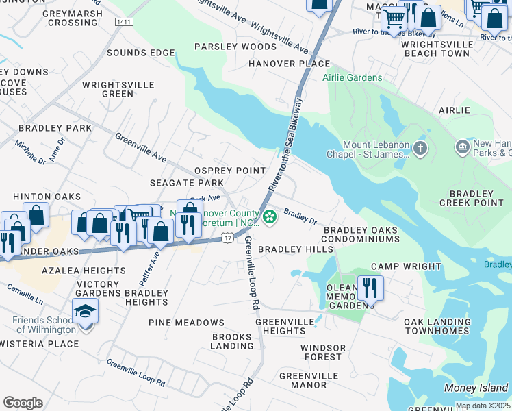 map of restaurants, bars, coffee shops, grocery stores, and more near 6301 Oleander Drive in Wilmington