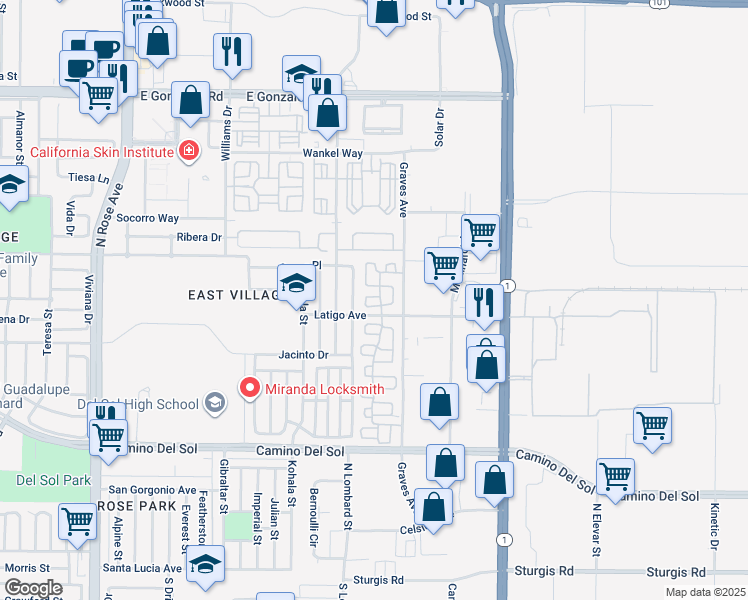 map of restaurants, bars, coffee shops, grocery stores, and more near 1024 Corte Primavera in Oxnard