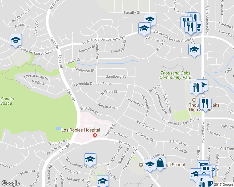 map of restaurants, bars, coffee shops, grocery stores, and more near 136 Erten Street in Thousand Oaks