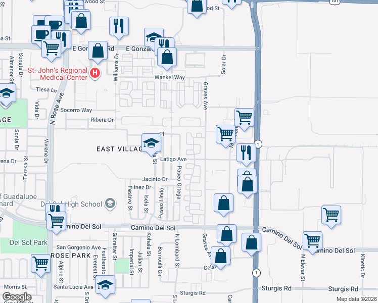 map of restaurants, bars, coffee shops, grocery stores, and more near 1022 Corte Primavera in Oxnard