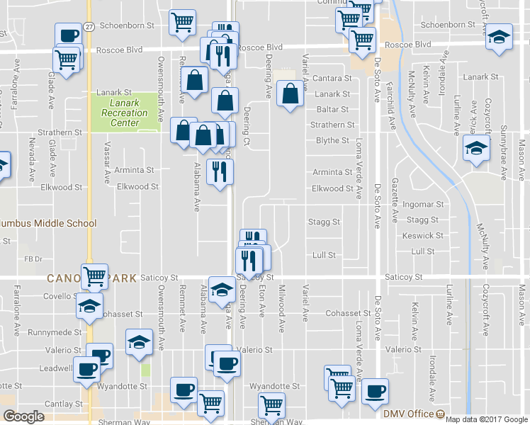 map of restaurants, bars, coffee shops, grocery stores, and more near 7756 Eton Avenue in Los Angeles