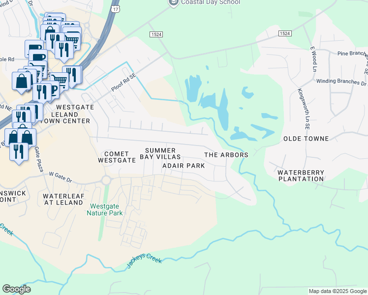 map of restaurants, bars, coffee shops, grocery stores, and more near 9481 Night Harbor Drive in Leland