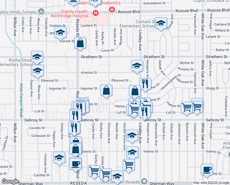 map of restaurants, bars, coffee shops, grocery stores, and more near 7746 Nestle Avenue in Los Angeles