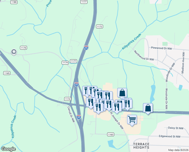 map of restaurants, bars, coffee shops, grocery stores, and more near Hayes Drive Northwest in Cullman