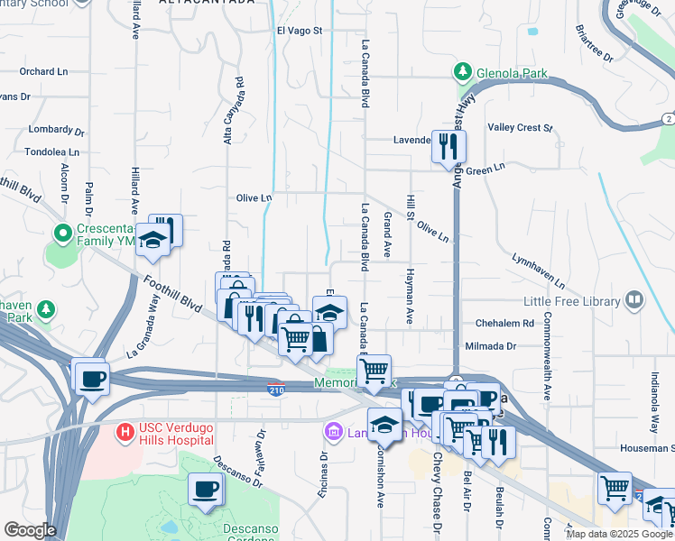 map of restaurants, bars, coffee shops, grocery stores, and more near 1237 Flanders Road in La Cañada Flintridge