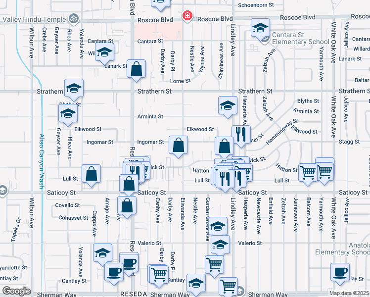 map of restaurants, bars, coffee shops, grocery stores, and more near 7736 Etiwanda Avenue in Los Angeles