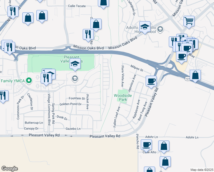 map of restaurants, bars, coffee shops, grocery stores, and more near 113 Camino Valverde in Camarillo
