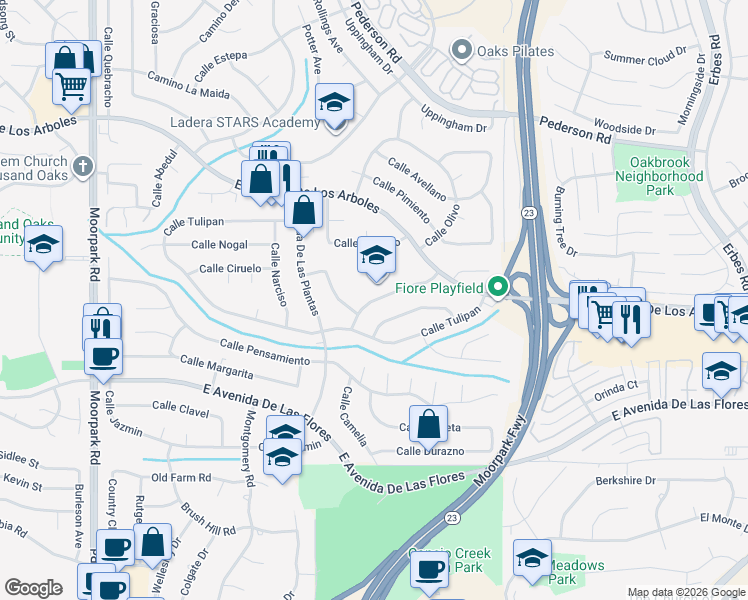 map of restaurants, bars, coffee shops, grocery stores, and more near 1335 Calle Bouganvilla in Thousand Oaks