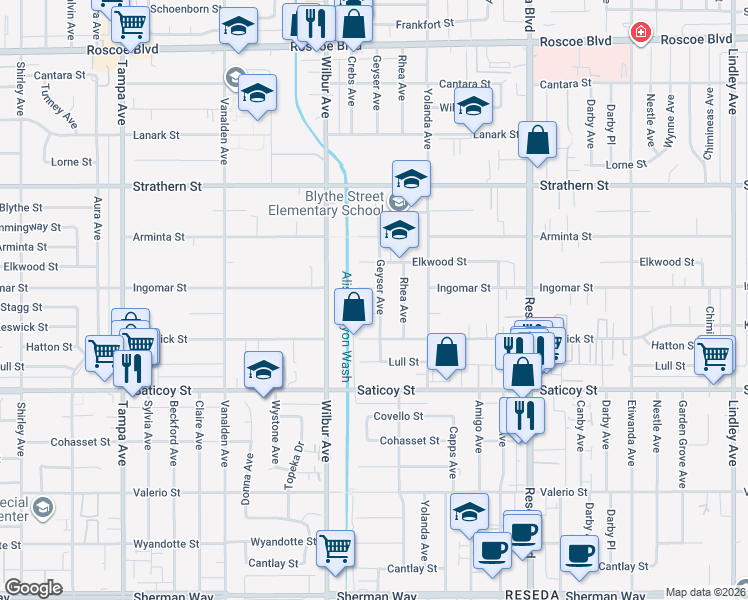 map of restaurants, bars, coffee shops, grocery stores, and more near 7745 Geyser Avenue in Los Angeles