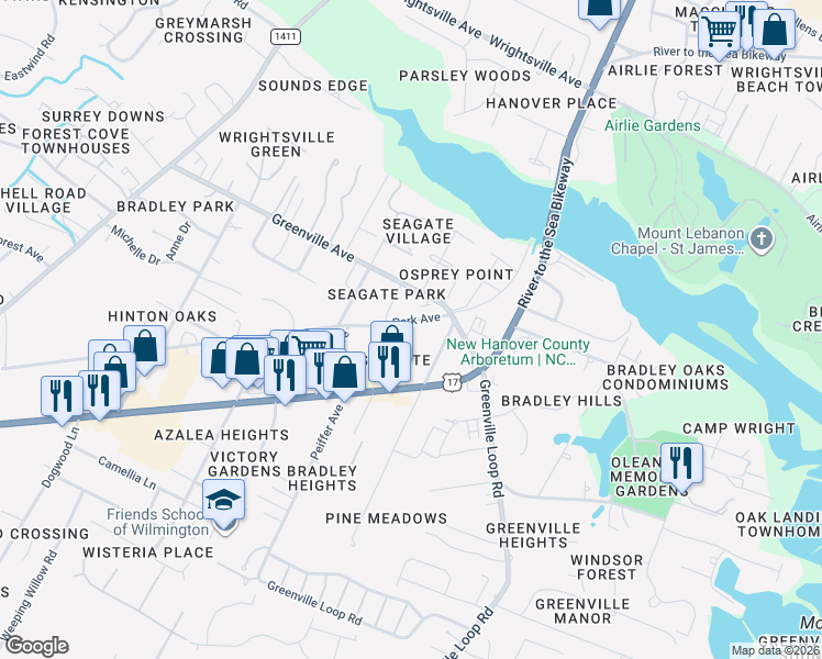 map of restaurants, bars, coffee shops, grocery stores, and more near 6010 Park Avenue in Wilmington