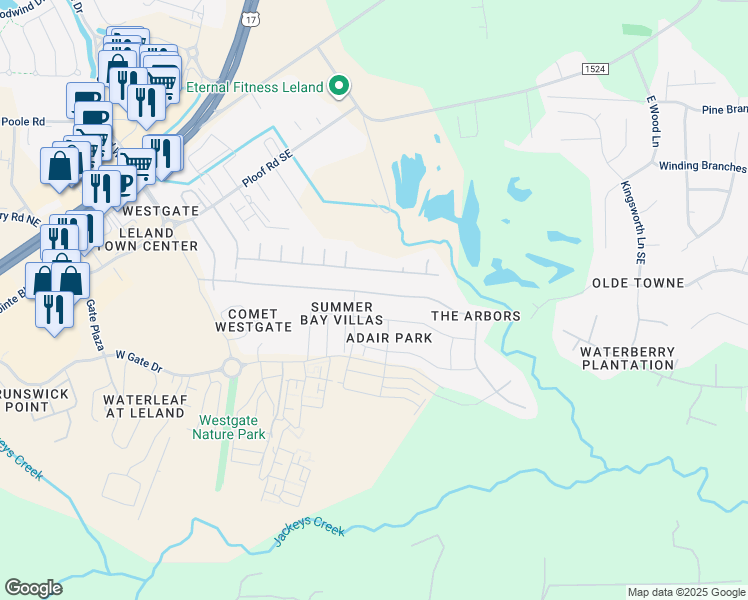 map of restaurants, bars, coffee shops, grocery stores, and more near 9473 Night Harbor Drive in Leland