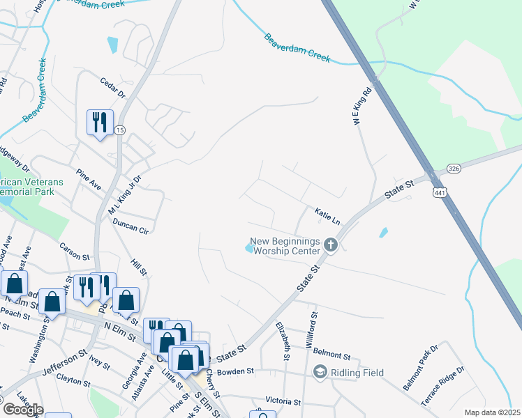 map of restaurants, bars, coffee shops, grocery stores, and more near 115 Heather in Commerce