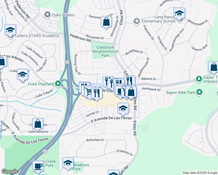 map of restaurants, bars, coffee shops, grocery stores, and more near 1916 Shady Brook Drive in Thousand Oaks