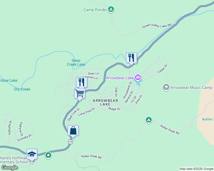 map of restaurants, bars, coffee shops, grocery stores, and more near 33052 Donner Lane in Running Springs