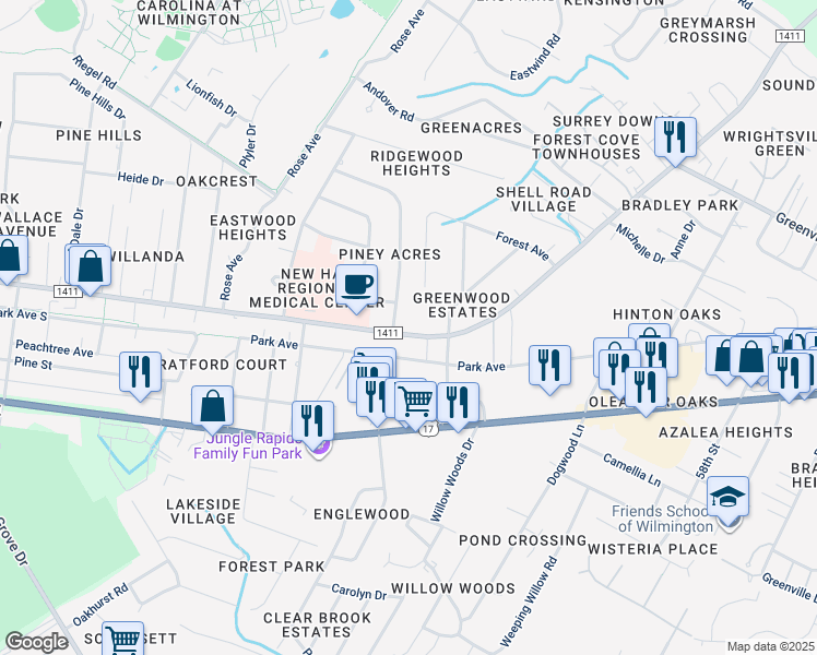 map of restaurants, bars, coffee shops, grocery stores, and more near 5407 Wrightsville Avenue in Wilmington