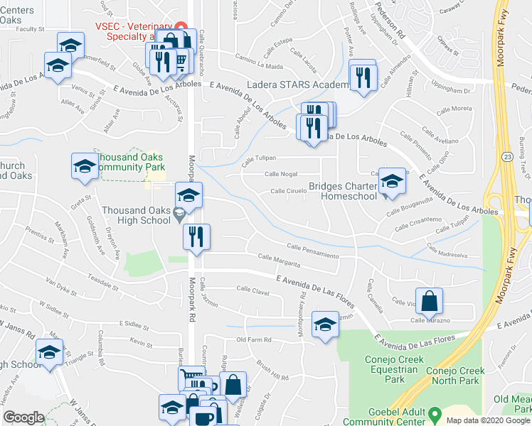 map of restaurants, bars, coffee shops, grocery stores, and more near 860 Calle Tulipan in Thousand Oaks