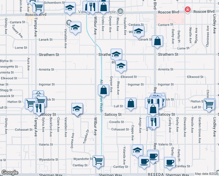 map of restaurants, bars, coffee shops, grocery stores, and more near 18824 Ingomar Street in Los Angeles