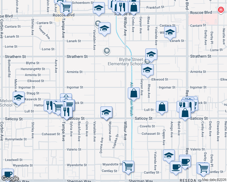 map of restaurants, bars, coffee shops, grocery stores, and more near 18950 Ingomar Street in Los Angeles