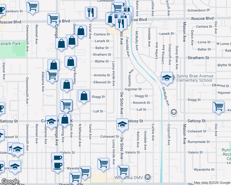 map of restaurants, bars, coffee shops, grocery stores, and more near 20933 Ingomar Street in Los Angeles