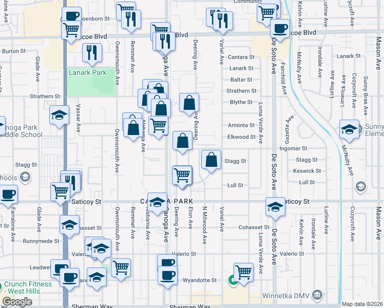 map of restaurants, bars, coffee shops, grocery stores, and more near 7767 Eton Avenue in Los Angeles