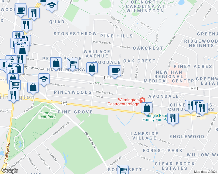 map of restaurants, bars, coffee shops, grocery stores, and more near 5013 Park Avenue in Wilmington