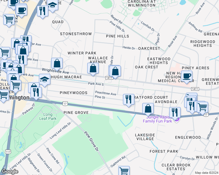 map of restaurants, bars, coffee shops, grocery stores, and more near 5013 Park Avenue in Wilmington