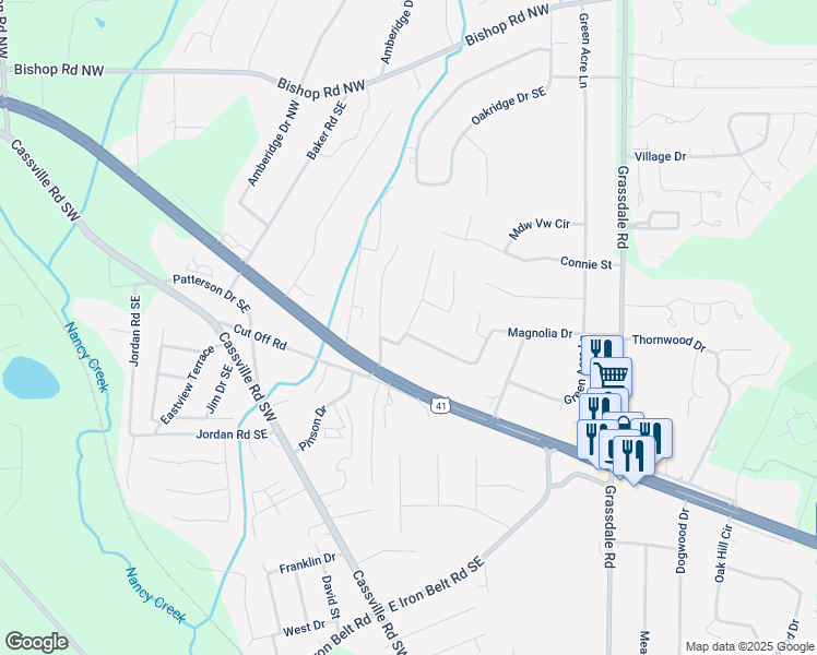 map of restaurants, bars, coffee shops, grocery stores, and more near 34 Jackson Drive Southeast in Cartersville